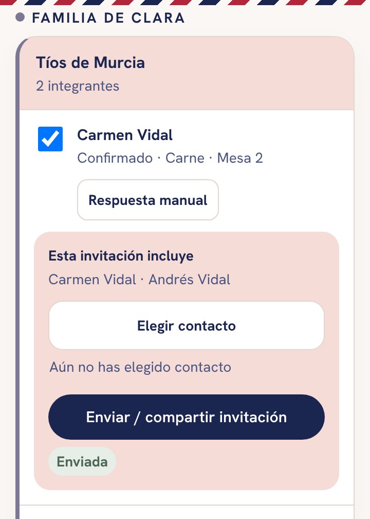 Pantalla de envío de la invitación por WhatsApp en la app GUEST