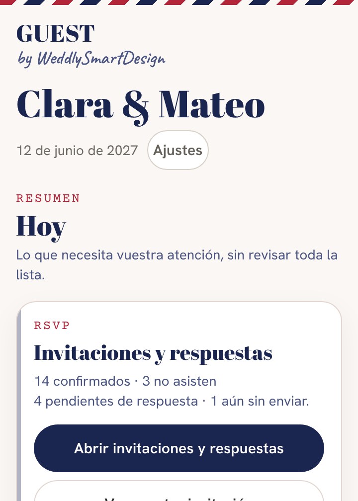 Pantalla de inicio de la app GUEST con el resumen de la boda
