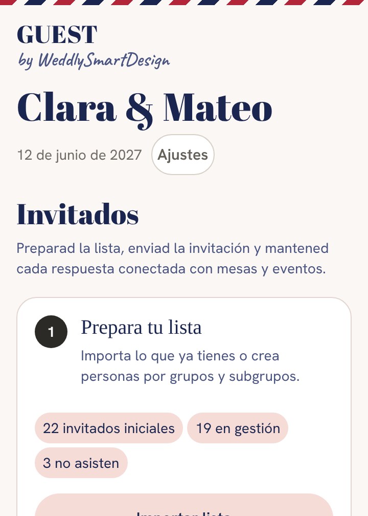 Lista de invitados organizada por grupos en la app GUEST