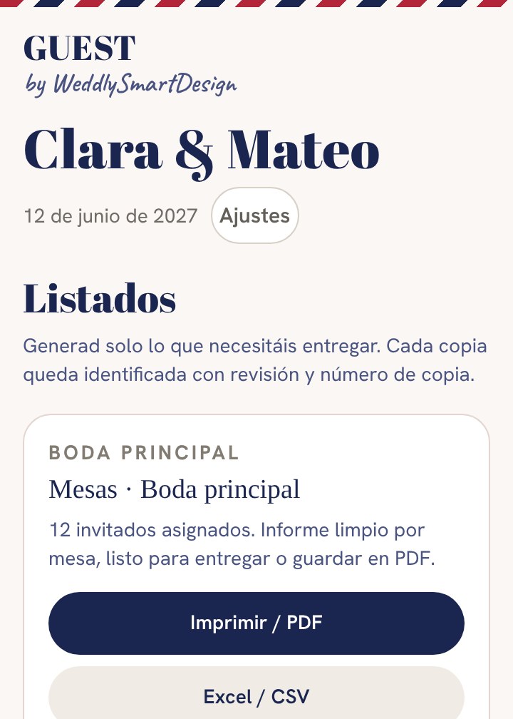 Listados de catering, mesas y transporte en la app GUEST