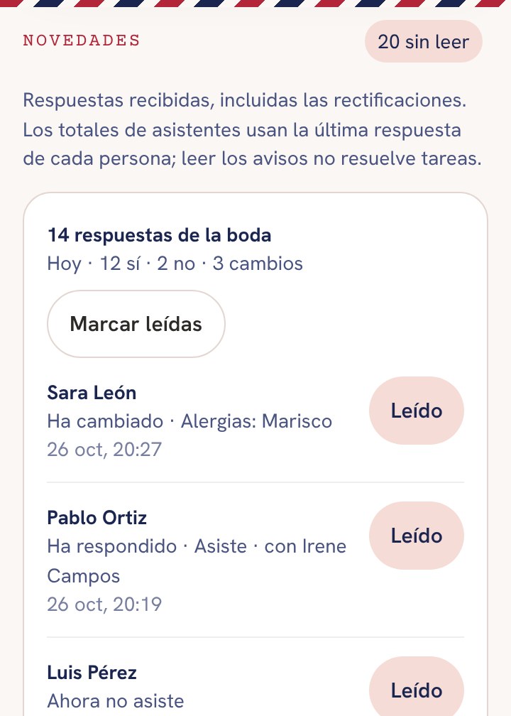 Respuestas de los invitados con asistencia y menús en la app GUEST